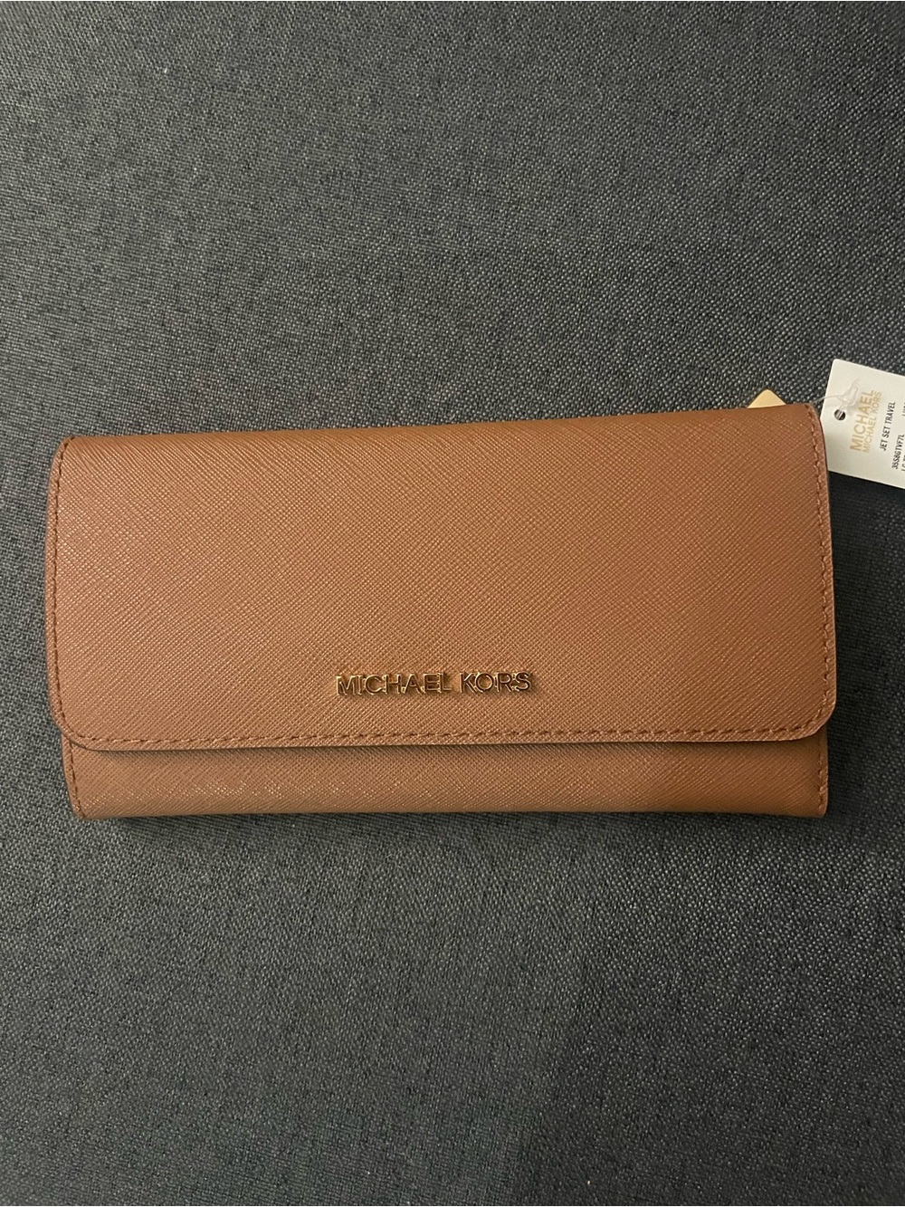 Michael Kors Tan Saffiano Leather Continental Wallet with Gold Logo